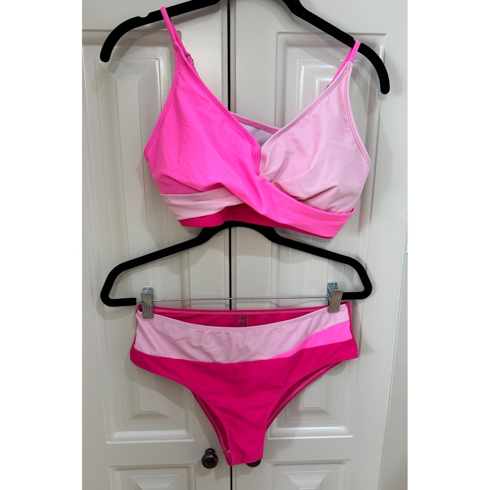 Colorblock Bikini Swimsuit Set Pink Barbie Hot Pink Light Pink Women's Size L